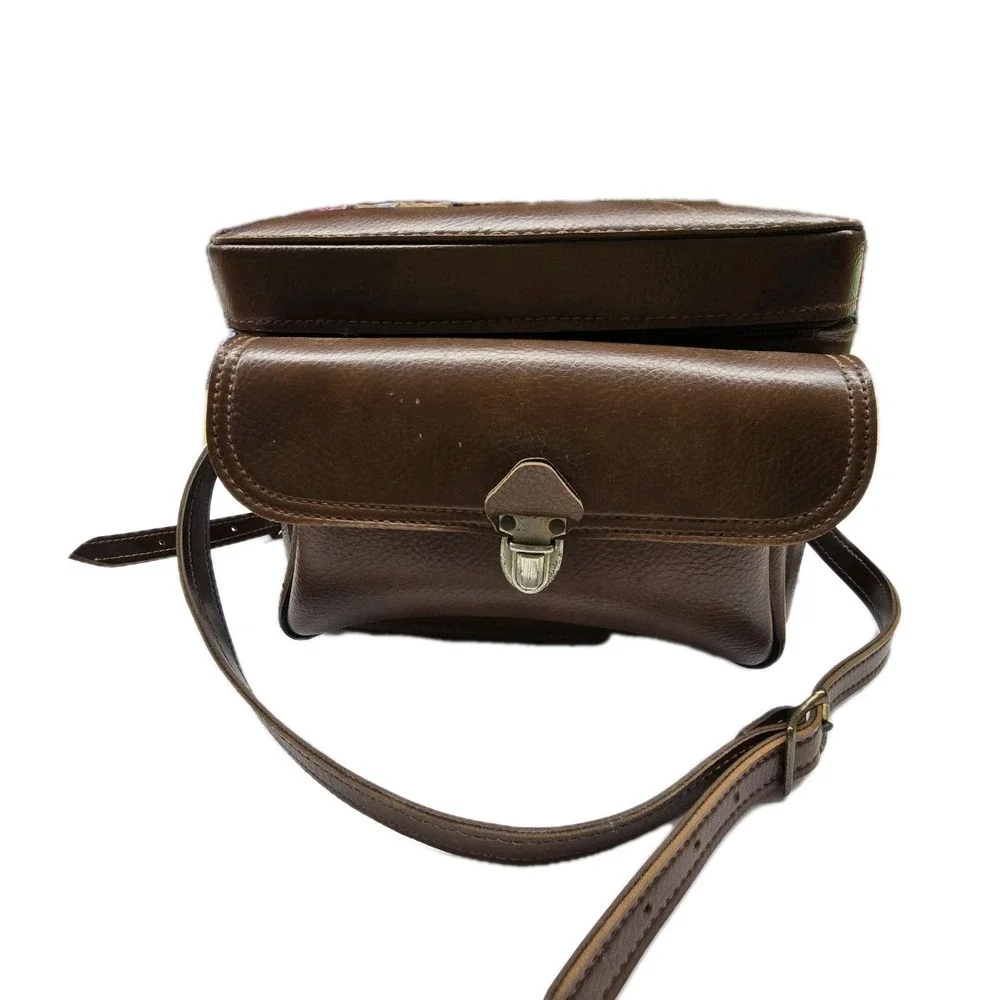 Vintage Hard Brown Leather? Like Camera Case Shoulder Bag Velvety Interior Strap